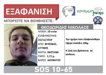 Εξαφανίστηκε ο 20χρονος Θεοδωρίδης Νικόλαος