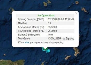 Κρήτη: Νέα σεισμική δόνηση 5,2 στις 7:10′ – Είχε προηγηθεί σεισμός 5,1 στις 03:30′