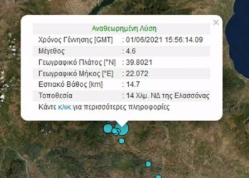 Σεισμός 4,6 Ρίχτερ τώρα στην Ελασσόνα