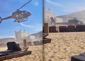 Μύκονος: H στιγμή που ο επιχειρηματίας προσγειώνεται με το ελικόπτερο μέσα σε beach bar (video)