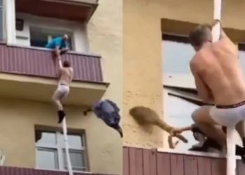 Εραστής προσπαθεί να γλιτώσει από τον απατημένο σύζυγο κατεβαίνοντας από το μπαλκόνι και η γειτόνισσα τον χτυπάει με τη σκούπα[video]