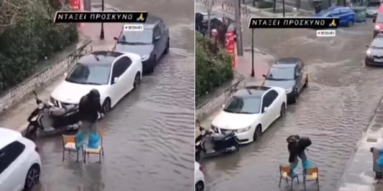 Alldaynews.gr Viral και αποθεωτικά σχόλια: Κάθε μέσο για να διασχίσει τον πλημμυρισμένο δρόμο στο Μοσχάτο (video)