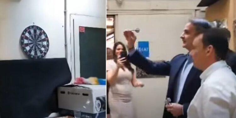 Ο Μητσοτάκης πήγε στον ΣΚΑΪ και έπαιξε βελάκια: Τους έκανε παρατήρηση για το ύψος του στόχου (video)