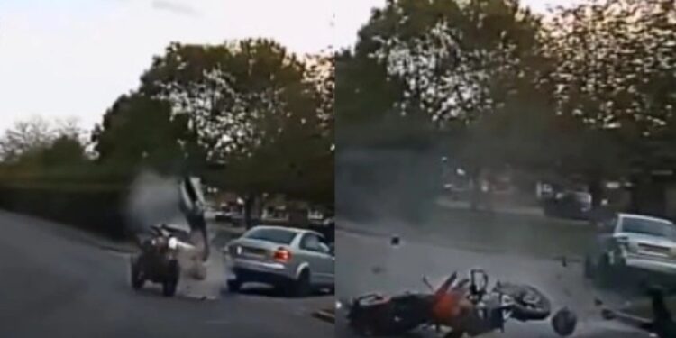Τρομακτικό τροχαίο καταγράφηκε σε κάμερα κλειστού κυκλώματος: Οδηγός μοτοσυκλέτας πετάχτηκε στον αέρα μετά από σφοδρή σύγκρουση (vid)