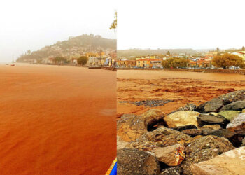 Λίμνη Ευβοίας: Έγινε καφέ η θάλασσα από τη λάσπη