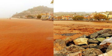 Λίμνη Ευβοίας: Έγινε καφέ η θάλασσα από τη λάσπη