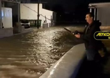 Μύκονος: Επιχειρηματίας βγήκε για ψάρεμα σε πλημμυρισμένο δρόμο και έπιασε και καλαμάρι!![video]