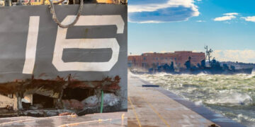 Alldaynews.gr Στο έλεος των μανιασμένων κυμάτων το «Βέλος»: Δημιουργήθηκε ρήγμα στο ιστορικό αντιτορπιλικό (φωτο, video)