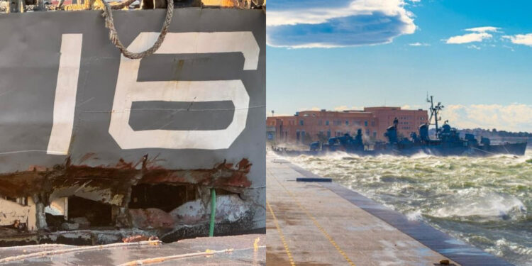 Alldaynews.gr Στο έλεος των μανιασμένων κυμάτων το «Βέλος»: Δημιουργήθηκε ρήγμα στο ιστορικό αντιτορπιλικό (φωτο, video)