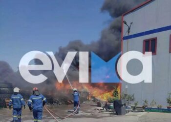 Φωτιά στη βιομηχανική ζώνη στη Ριτσώνα: Καίγεται το εργοστάσιο Παπουτσάνη (φωτο, video)