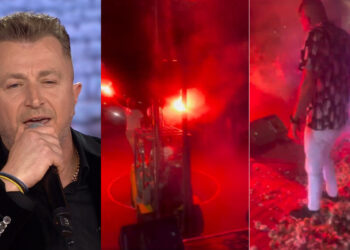 Η στιγμή που πετάνε σε τραγουδιστή 100 κιλά γαρύφαλλα με κλαρκ σε πανηγύρι