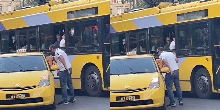 Alldaynews.gr Άγριο πέσιμο οδηγού τρόλεϊ σε ταξιτζή μπροστά σε εκατοντάδες στο κέντρο της Αθήνας