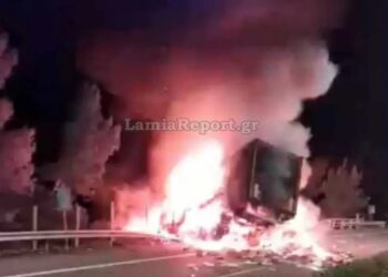 Φορτηγό τυλίχθηκε στις φλόγες στην Εθνική οδό – Δραματική διάσωση οδηγού (φωτο, video)