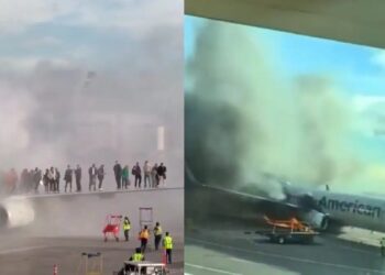 Φωτιά σε αεροπλάνο της American Airlines μετά την προσγείωσή του: Η δραματική στιγμή με επιβάτες να στέκονται όρθιοι στο φτερό