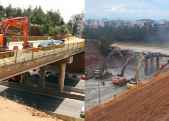 Χάος στον Περιφερειακό της Θεσσαλονίκης: Η στιγμή που τέσσερα μηχανήματα γκρεμίζουν τη γέφυρα της Περραιβού