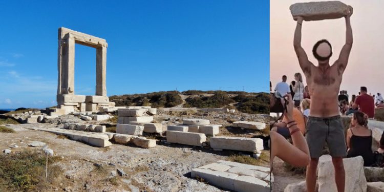 Alldaynews.gr Θύελλα αντιδράσεων στη Νάξο για ανεγκέφαλο τουρίστα που σήκωσε μάρμαρο 2.500 ετών στην Πορτάρα για μια φωτογραφία