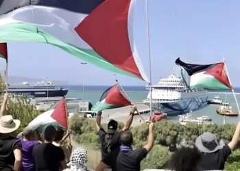 Ηράκλειο: Διαδηλωτές «υποδέχθηκαν» με πανό υπέρ της Παλαιστίνης το ισραηλινό κρουαζιερόπλοιο Crown Iris