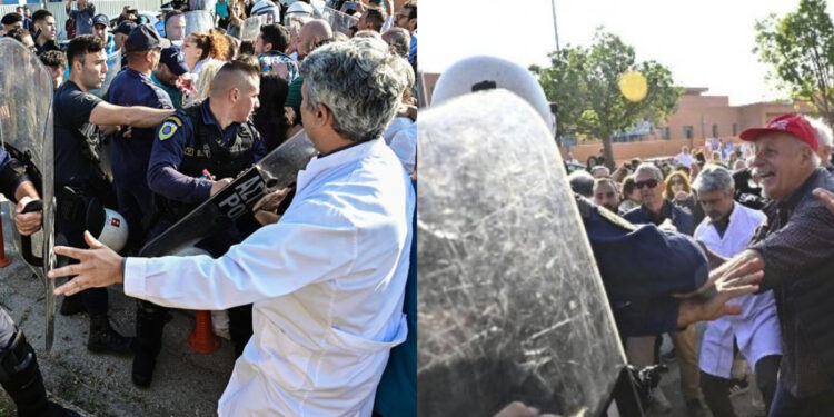 Alldaynews.gr Επεισόδια και ρίψη χημικών στο νοσοκομείο «Αττικόν» κατά την επίσκεψη Μητσοτάκη-Άδωνι