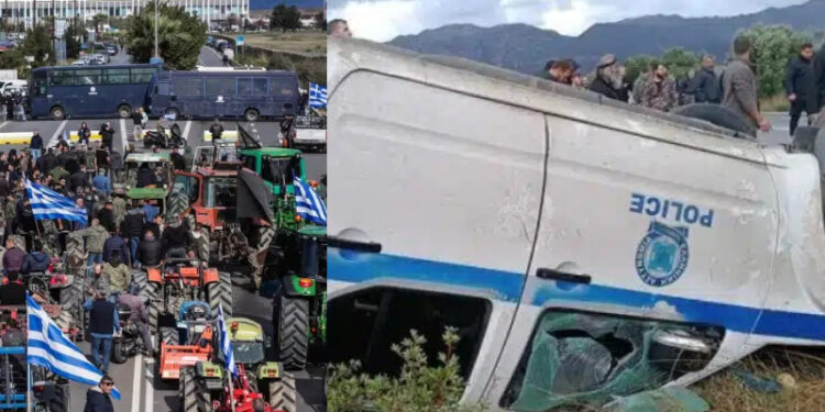 Χάμος με αγρότες και ΜΑΤ στα Χανιά – Αναποδογύρισαν περιπολικό