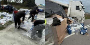 Νταλίκα εξετράπη της πορείας της στην ε.ο. Θηβών – Σχηματαρίου – Γέμισε το οδόστρωμα τσιμέντα και ορυκτέλαια