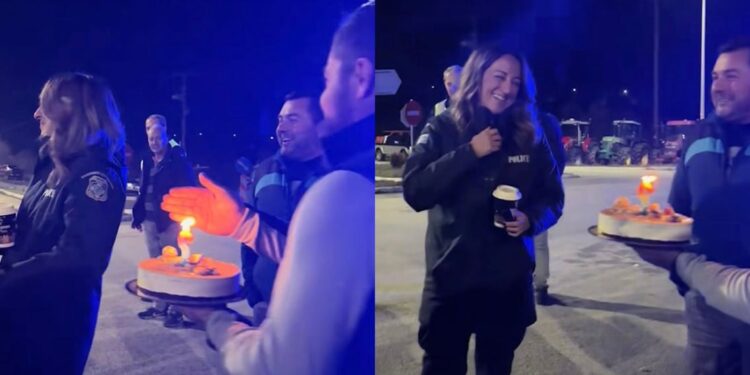 Alldaynews.gr Αγρότες έκαναν έκπληξη με τούρτα στην υποδιοικήτρια της αστυνομίας που είχε γενέθλια