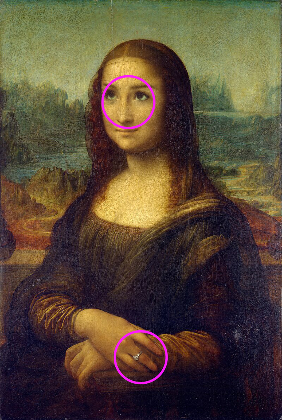 Mona Lisa with a ring added to her finger and eyes looking up