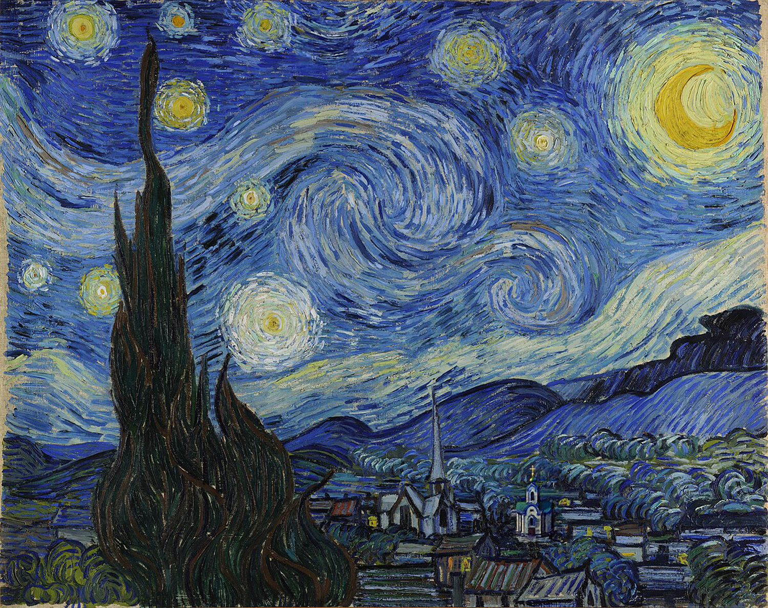 Van Gogh's The Starry Night with three changes to the sky and buildings