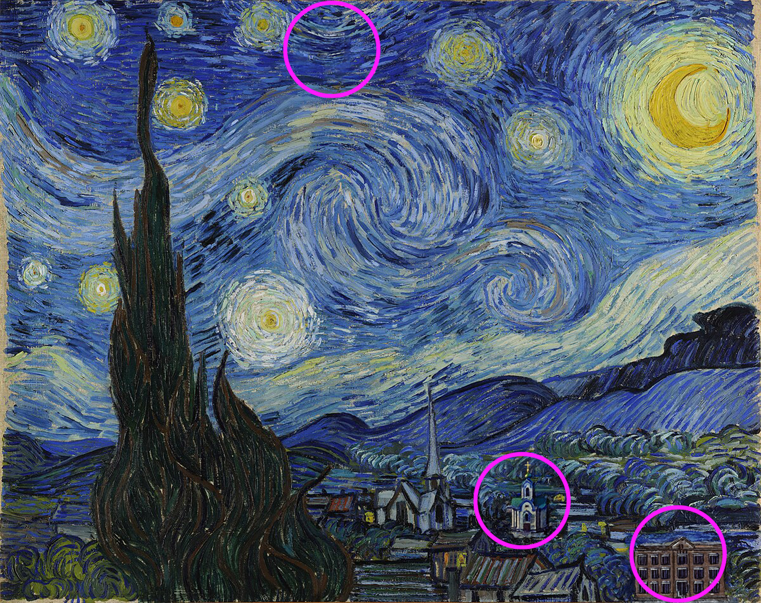 Van Gogh's The Starry Night has two added buildings and a star taken away