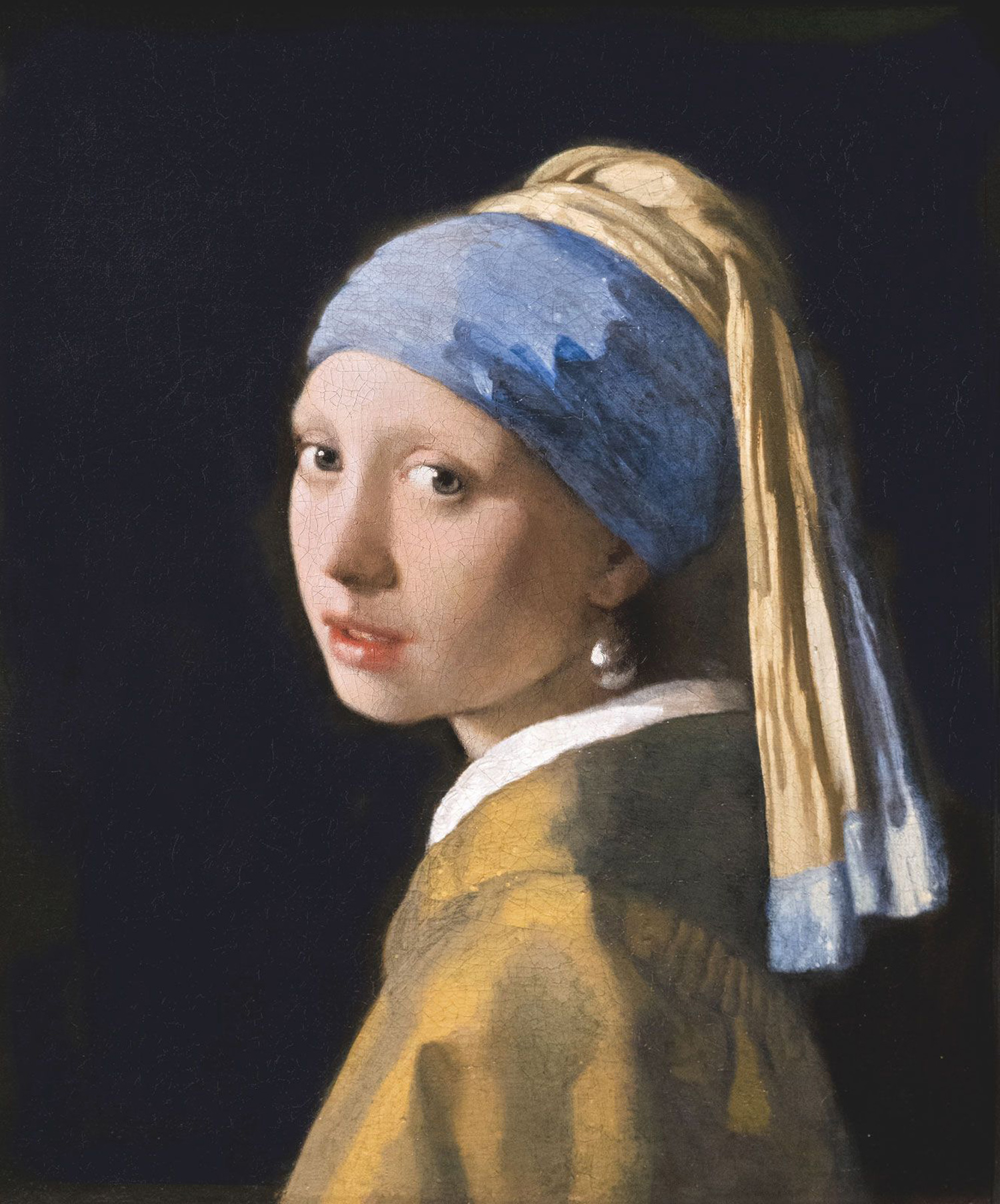 Painting of a girl wearing a blue and yellow headscarf and a pearl earring.