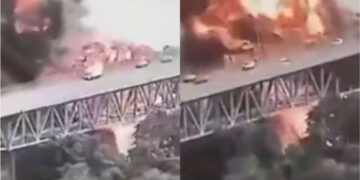 Τεράστια φωτιά στη «Γέφυρα της Αμερικής» μετά από ισχυρή έκρηξη σε βυτιοφόρο πάνω από τη Διώρυγα (video)