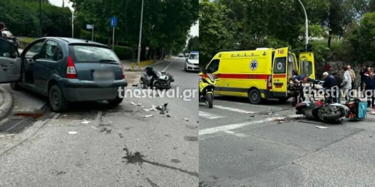 Σφοδρή σύγκρουση αυτοκινήτου με δύο μηχανές στη Θεσσαλονίκη – 3 άτομα στο νοσοκομείο