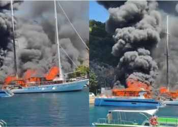 Φωτιά στο λιμάνι του νησιού: Καταστράφηκαν σκάφη – Η στιγμή που καπετάνιος βουτάει στη θάλασσα για να σωθεί (video)