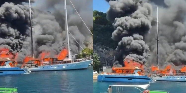Φωτιά στο λιμάνι του νησιού: Καταστράφηκαν σκάφη – Η στιγμή που καπετάνιος βουτάει στη θάλασσα για να σωθεί (video)