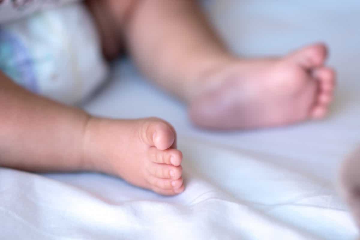 adorable baby feet close up on a soft white bed capturing in 29455336